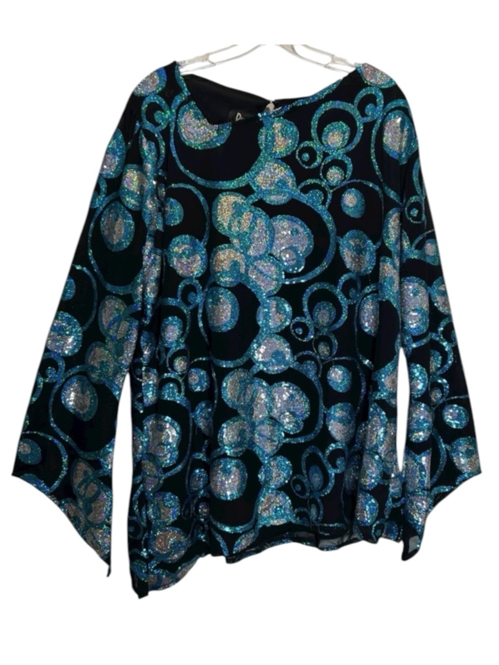 Rivar’s Black Tunic w/ Blue  Sequins, Asymmetric Hem, Trumpet Sleeves - Size 22